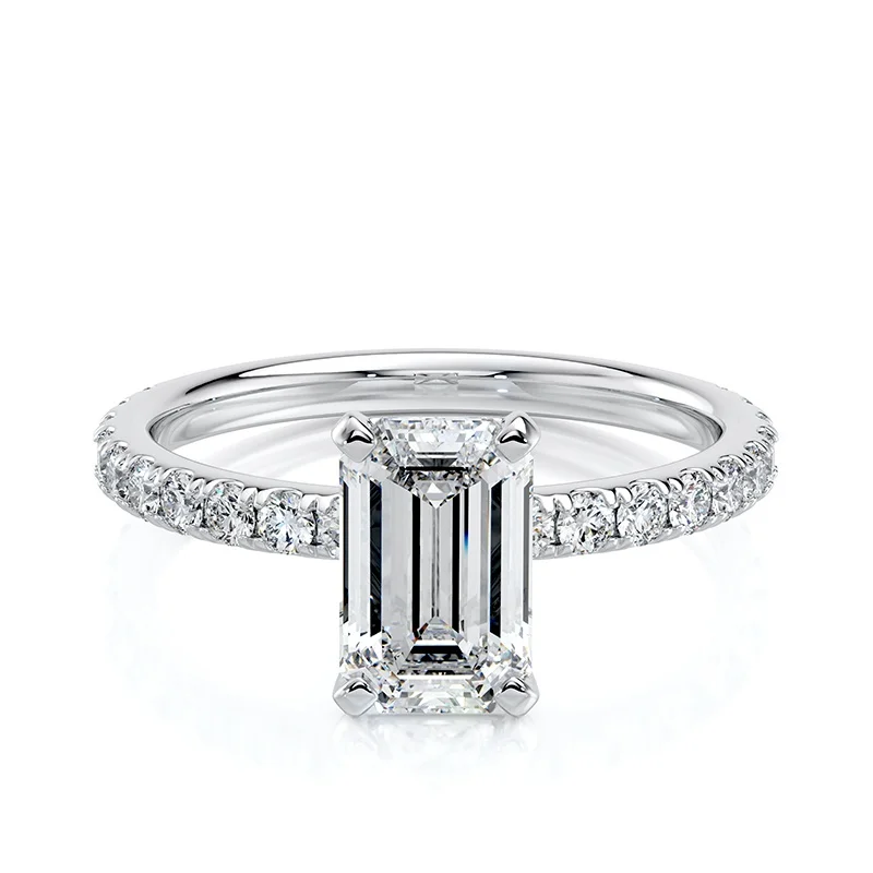 Evaan Lab Grown Diamond Solitaire  Pave Ring –  Emerald — Thumbnail 2