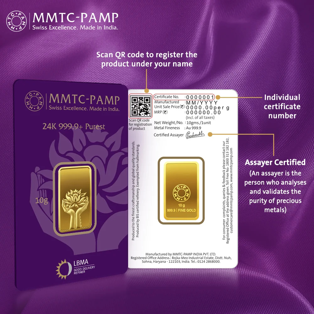24K (999.9+) Purest 1 g Lotus Gold Bar — Gold & Silver Coin | Evaan Jewels